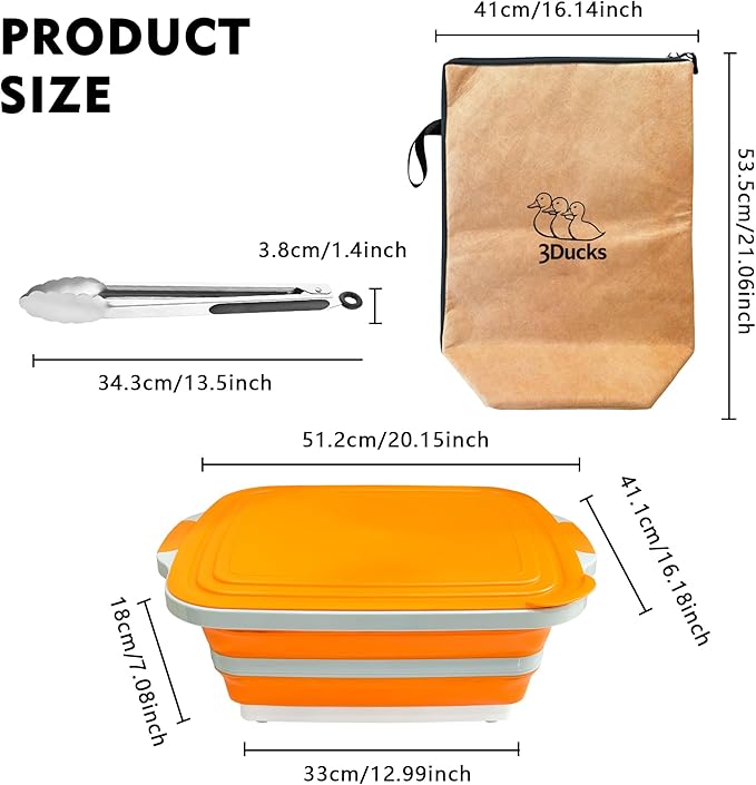 Collapsible BBQ Prep Tub with Locking Cutting Board Lid & Strainer – Portable Grill Prep Station for Marinating & Food Prep, Foldable Camping Sink for BBQ, Picnic & Outdoor Cooking (Orange)