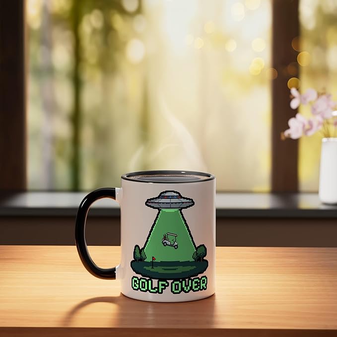 Retro Funny GOLF OVER Pixel Art UFO Abducting Golf-Cart Ceramic Mug, Black/White