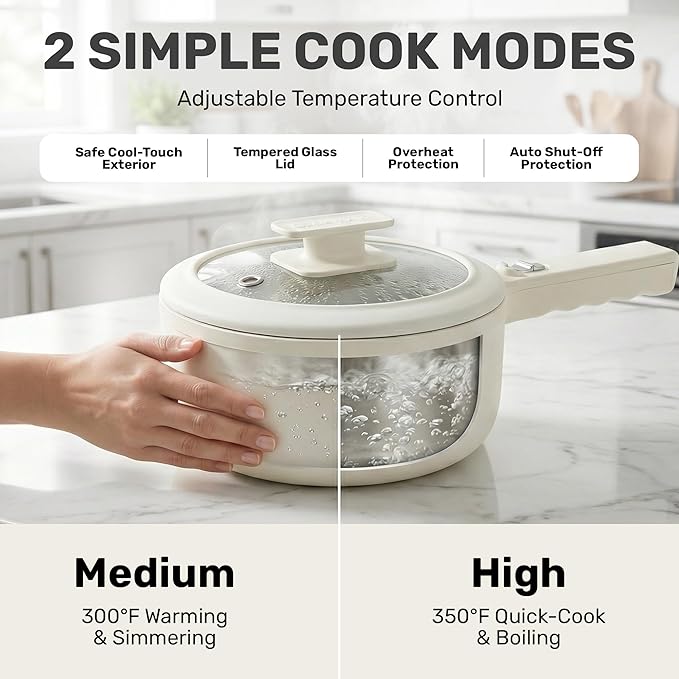 CERAMAX PRO Electric Hot Pot with Lid & Steamer, 2L Non Toxic Ceramic Cooker Skillet for Ramen, Eggs, Pasta for Dorms, Camping, RVs, Work, Adjustable Temp. - New Improved 2025 Model