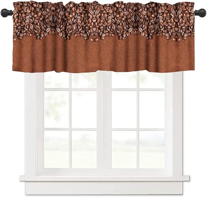 Coffee Kitchen Valance, Brown Coffee Beans Farmhouse Rustic Short Window Curtains for Cafe Kitchen Dining Room Resturant Bedroom Living Room, 54x18Inch