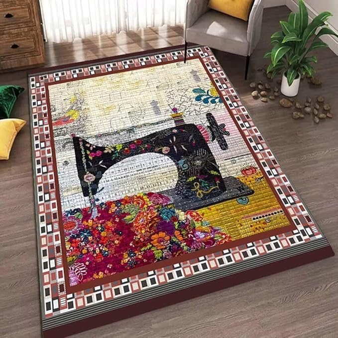 Abstract Embroidery Painting Rugs for Entrance Kitchen Non-Slip Multicolor Floral Sewing Machine Themed Area Rug Craft Room Decor Fun Fashion Sewing Mat 3'x5'