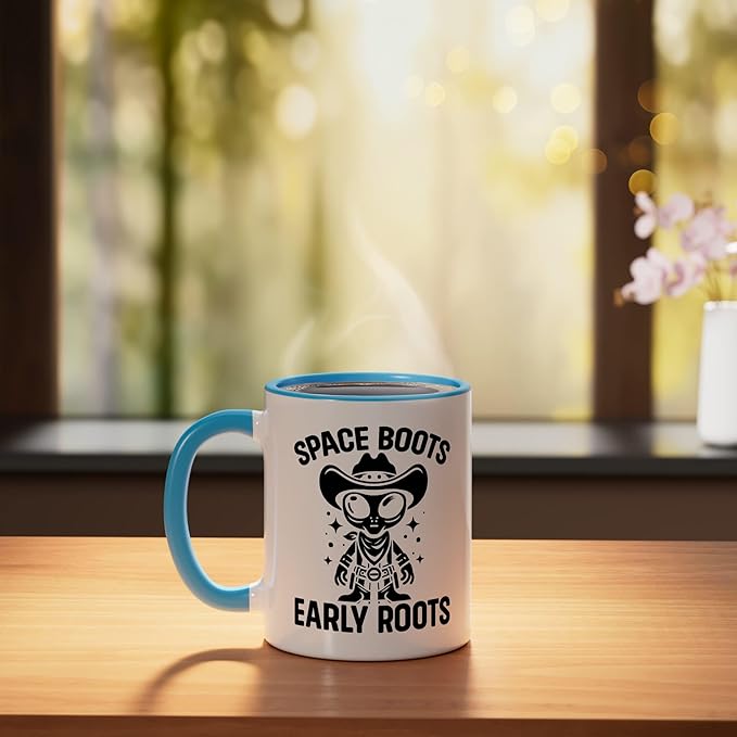 Alien Lover Flying Saucer UFO Extraterrestrial Cowboy Ceramic Mug, Blue/White