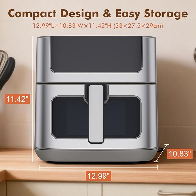 Sweetcrispy 6.34QT Air Fryer, 8-in-1 Air Fryers Oven with Visible Window, 400℉ Fast Heating, Nonstick Dishwasher-Safe Basket, Timer & Auto-Off, Stainless Steel, Grey