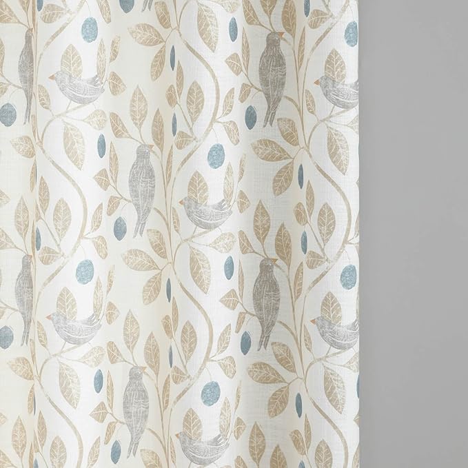 VOGOL Light Filtering Curtains, Rod Pocket Elegant Natural Window Treatments, Birds & Leaves Pattern Printed Panels for Living Room Bedroom Nursery, Set of 2, 42 x 45, Beige