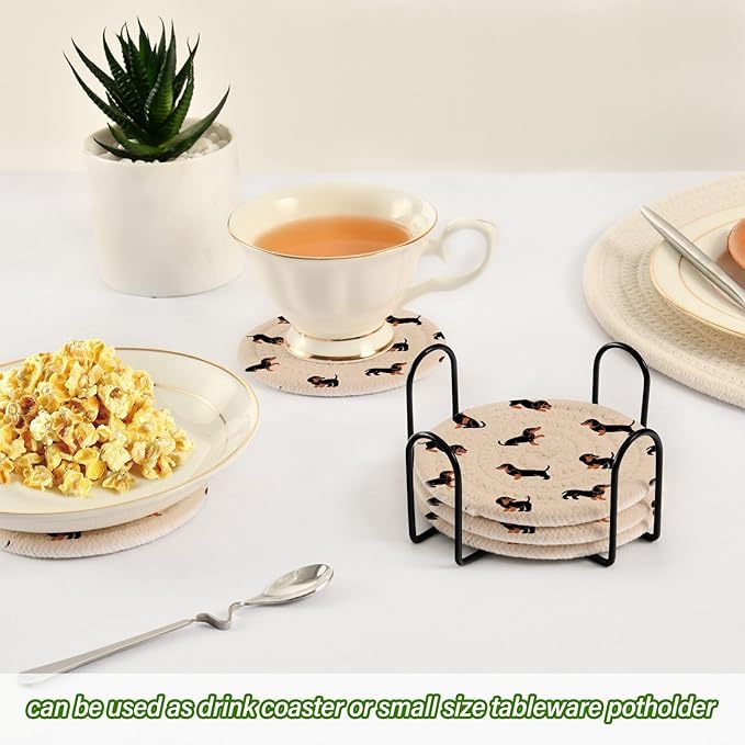 YETTASBIN Cute Dachshund Dog 6 Pcs Drink Coasters with Holder, Cotton Woven Absorbent Heat-Resistant Round Coaster Non-Slip Table Mat for Kitchen Bar Home Decor Housewarming Gift, 3.9 in