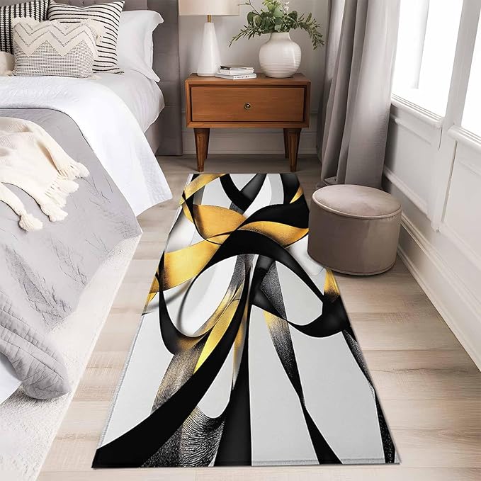 Runner Rug for Bedroom Hallway, Modern Geometric Stripe Texture Kitchen Runner Rugs Area Rug 2x6ft, Abstract Gold Black White Line Washable Soft Floor Carpet for Entryway Stair