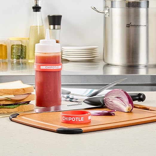 Restaurantware Silicone Squeeze Bottle Band 10 Count 2.75 Inch Dishwasher Safe Condiment Identification Band, Chipotle Red Non-Slip Label Band for Condiment Labeling at Restaurants, Food Trucks