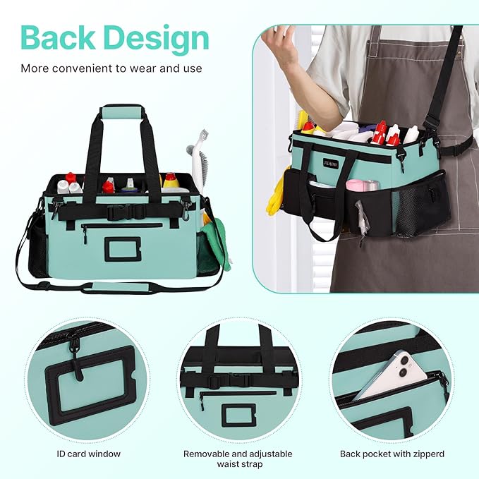 JKAOO Large Wearable Cleaning Caddy Bags, Cleaning Supplies Storage Bag with Handles and Adjustable Shoulder Strap and Removable Waist Straps,Waterproof Cleaning Tote for Home,Car,Office