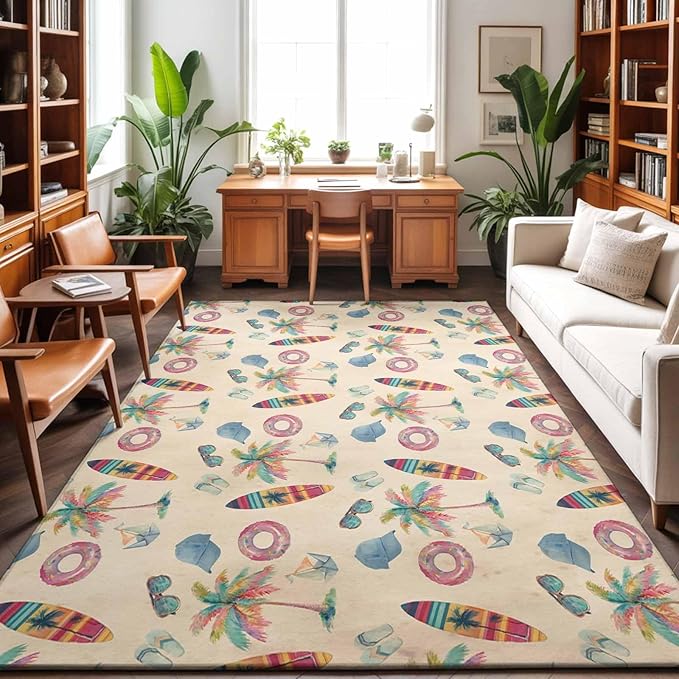 Area Rug 3x5ft, Summer Surfboard Coconut Tree Washable Rugs for Living Room Bedroom, Coastal Vintage Plants Soft Non-Slip Area Rugs Rectangle Floor Carpet for Dining Room