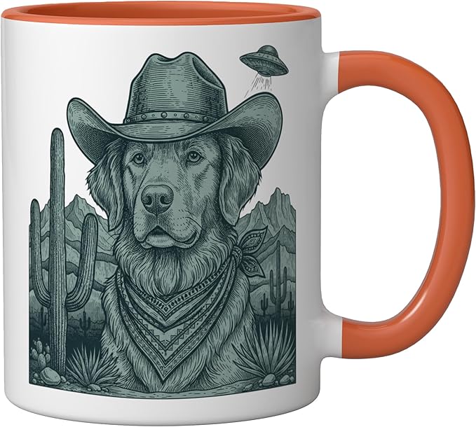 Cowboy Golden Retriever With Ufo Western Dog Art Ceramic Mug, Orange/White