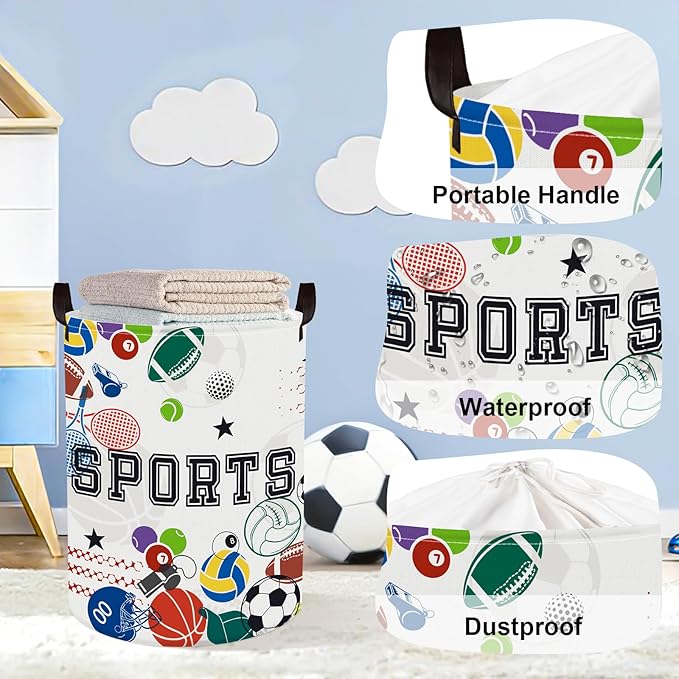 Sports Balls Baby Laundry Hamper Collapsible Clothes Kids Storage Basket Large Boys Gift Toy Box Bin for Play Room, White, 63L