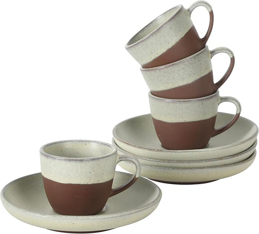Gibson Elite William Crest 8 Piece Cup & Saucer Set, 4 Stoneware Cups & 4 Saucers, Reactive Glaze Finish, 3.5oz Espresso Cups, 5.5” Saucers, Round Coffee Set, Microwave & Dishwasher Safe - Green