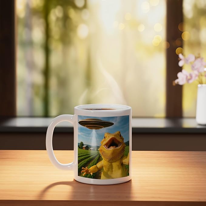 Funny Bearded Dragon Selfie with Alien UFO Ceramic Mug, White