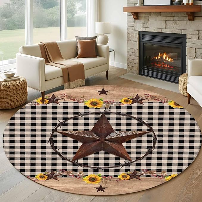 Washable Round Area Rug Western Star Farm Sunflower Circle Rugs Floor Carpet for Living Room Bedroom, Vintage Wood Grain Black Buffalo Plaid Soft Non Slip Round Rug 5ft