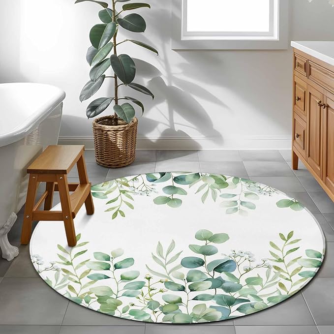 Sage Green Eucalyptus Leaves 3ft Round Rug, Farmhouse Botanical Non-Skid Rubber Backing Large Area Rugs - Living Room Bedroom Home Office, Country Indoor Floor Mat Carpets Washable Rug