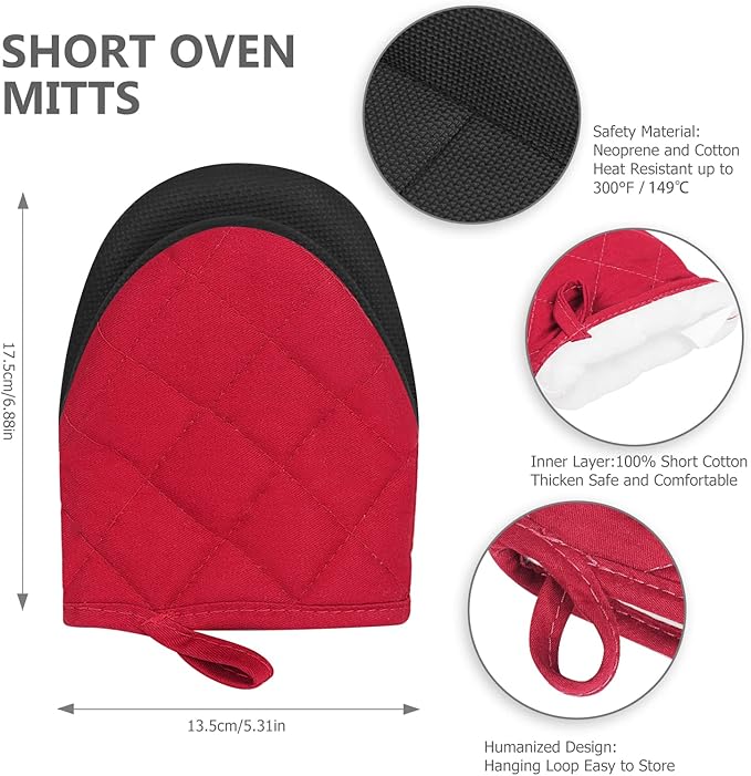 1 Pair Short Oven Mitts - Silicone Kitchen Oven Gloves High Heat Resistant 500℉, Mini Oven Mits with Non-Slip Grip Surfaces and Hanging Loop for BBQ, Baking, Cooking and Grilling (Red)
