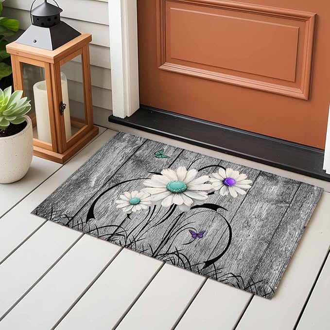 Area Rug 2x3ft, Farm Daisy Shabby Wood Grain Washable Rugs for Living Room Bedroom, Vintage Flower Plant Butterfly Soft Non-Slip Area Rugs Rectangle Floor Carpet for Dining Room