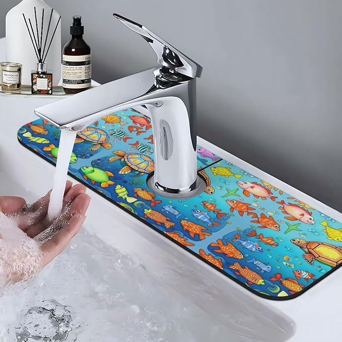 Turtle and Fish Printed Faucet Absorbent mat, Suitable for bathrooms, Kitchens, and Other Sink Areas.