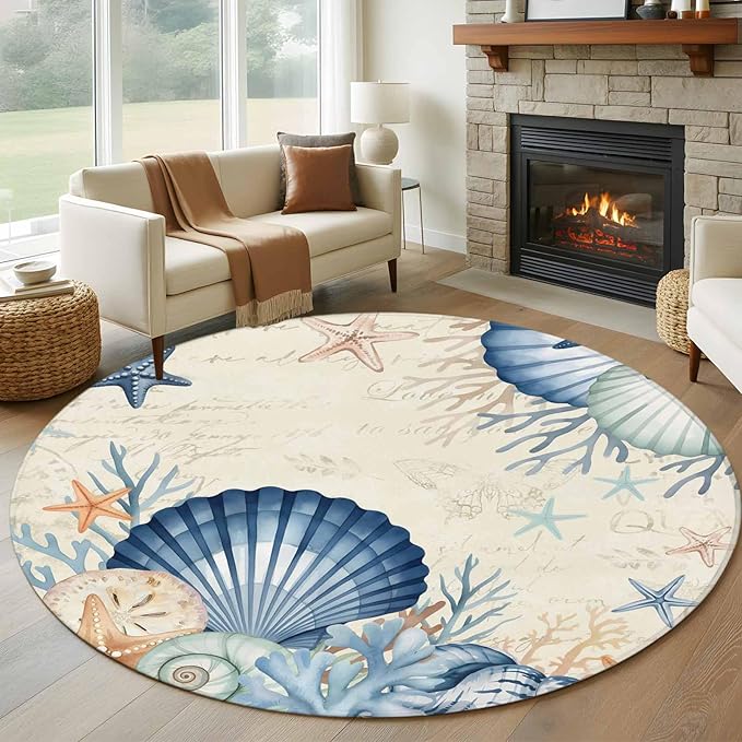 Washable Round Area Rug Summer Blue Shells Starfish Circle Rugs Floor Carpet for Living Room Bedroom, Vintage Coral Shells Fish Soft Non Slip Round Rug 5ft