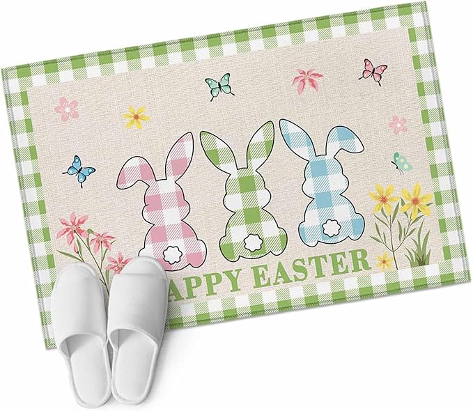 Area Rug 2x3ft, Happy Easter Bunny Shadow Flowers Washable Rugs for Living Room Bedroom, Retro Linen Cotton and Grid Soft Non-Slip Area Rugs Rectangle Floor Carpet for Dining Room