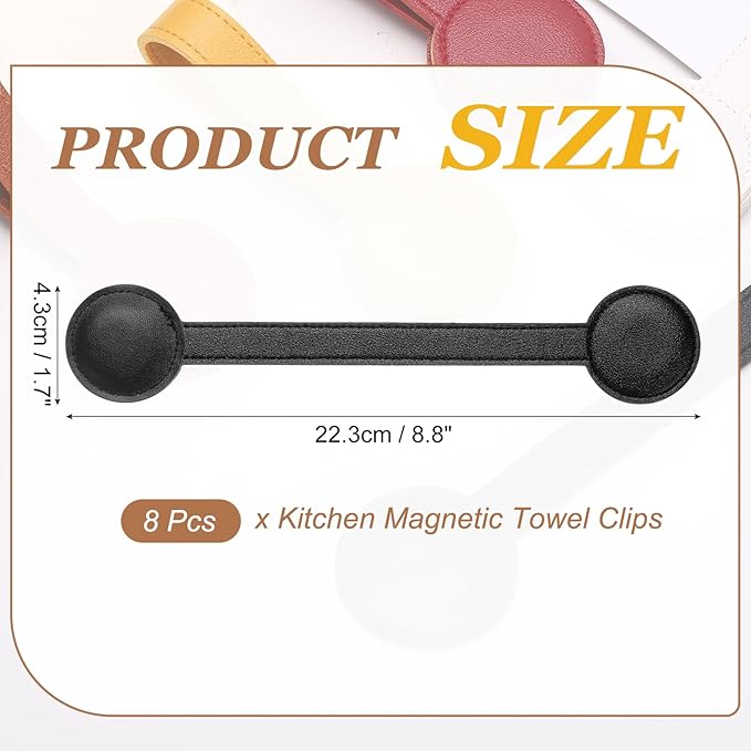 uxcell 8 Pcs Kitchen Magnetic Towel Clips, Leather Towel Holder Clip Multi-Purpose Hand Hooks Kitchen Accessories for Oven Handles Bars Racks, Black