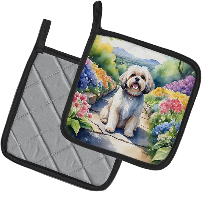 Caroline's Treasures Lhasa Apso Spring Path Pair of Pot Holders Kitchen Heat Resistant Pot Holders Sets Oven Hot Pads for Cooking Baking BBQ, 7 1/2 x 7 1/2