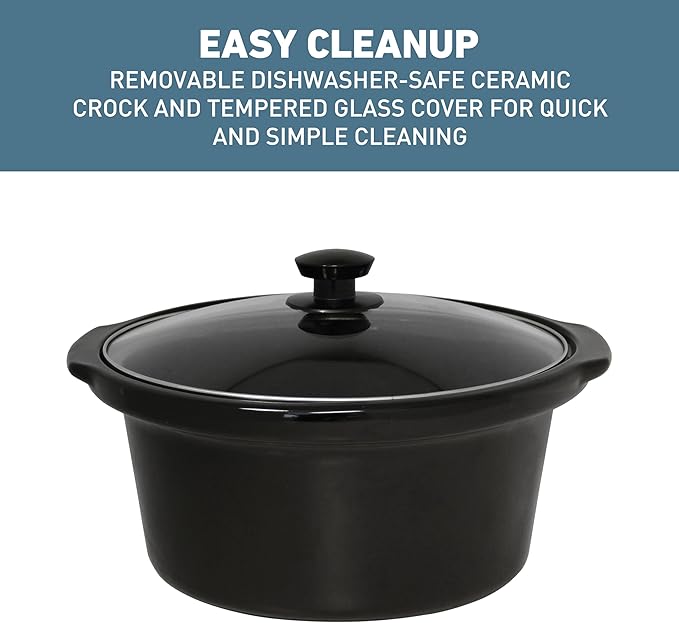 West Bend Slow Cooker 4-Quart Manual Crockery Style with Dishwasher Safe Oval Ceramic Crockpot and Glass Lid Two Temperature Settings Plus Keep Warm, 210-Watts, Black
