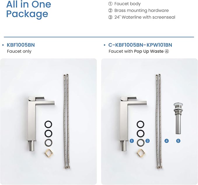 KIBI Waterfall Bathroom Sink Faucet | Single Handle Brass Vanity Faucet with Water Supply Hose | Durable Brass Construction and Smooth Water Flow | Brushed Nickel, KBF1005 (Pop Up Drain Included)