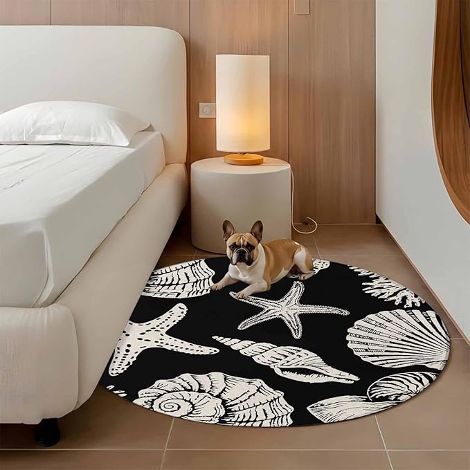 Washable Round Area Rug Marine Starfish Shell Conch Circle Rugs Floor Carpet for Living Room Bedroom, Ocean Life on Black Soft Non Slip Round Rug 4ft