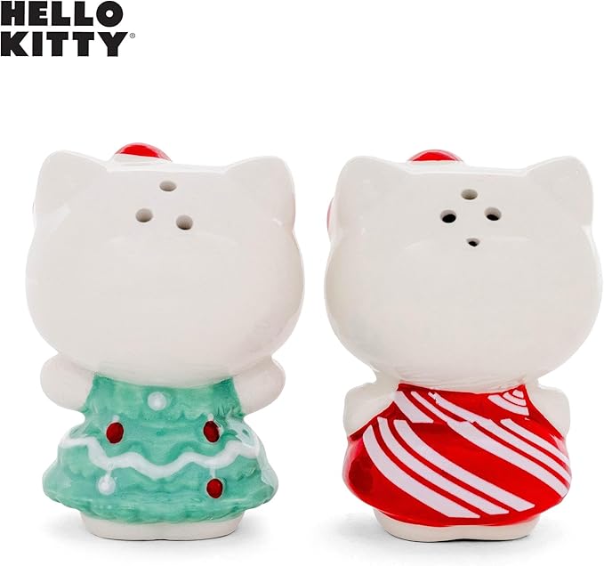 Silver Buffalo Sanrio Hello Kitty 3D Sculpted Festive Christmas Tree and Candy Cane Holiday Salt and Pepper Shaker Set