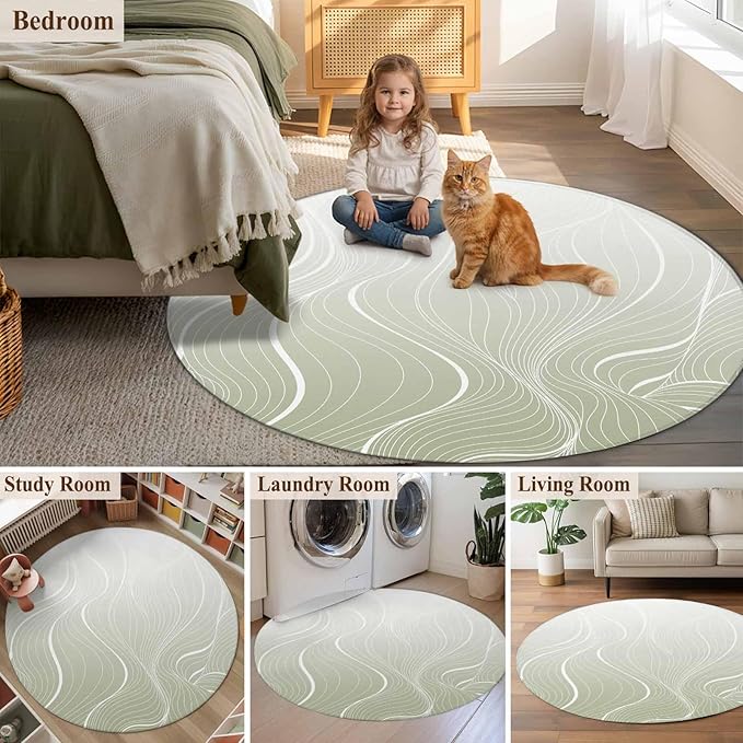 Washable Round Area Rug Sage Green Wavy Gradient Stripes Circle Rugs Floor Carpet for Living Room Bedroom, Geometric Abstract Art Soft Non Slip Round Rug 5ft