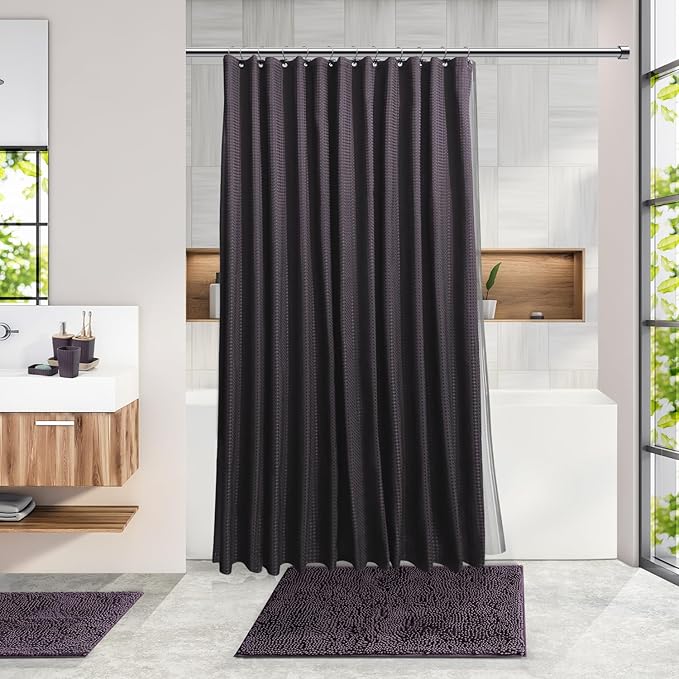 Clara Clark Bathroom Accessories Set - 27PC Bathroom Set with Adhesive Corner Shower Caddy Hanging, Bathroom Sets with Shower Curtain and Rugs, Purple Shower Curtain Set with Bathroom Trash Can