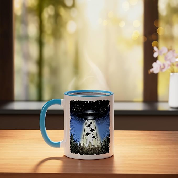 UFO Dinosaur Alien Abduction Flying Saucer Conspiracy Ceramic Mug, Blue/White