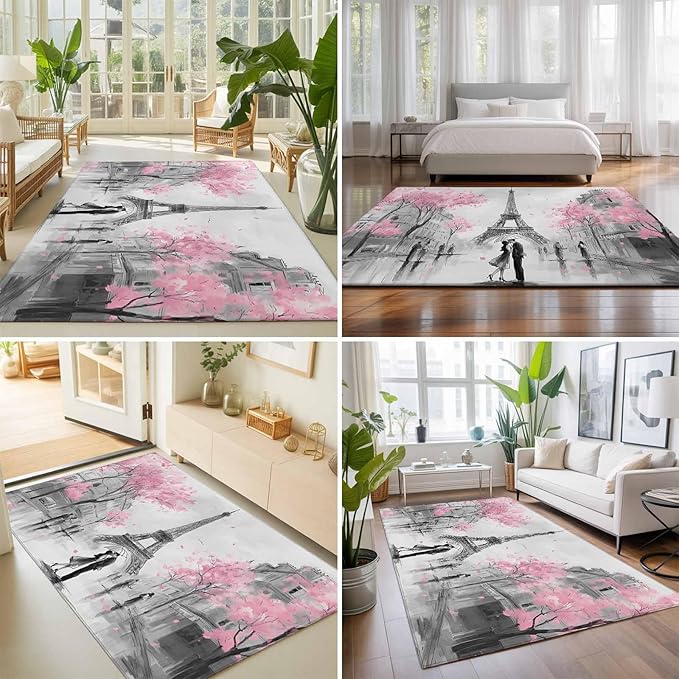 Area Rug 4x6ft, Vintage Towel Couple Pink Flower Washable Rugs for Living Room Bedroom, Watercolor Modern City Scene Soft Non-Slip Area Rugs Rectangle Floor Carpet for Dining Room