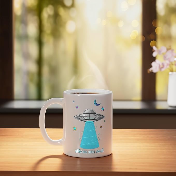 Aliens Are Real Retro UFO Flying Saucer Beam Space Ceramic Mug, White