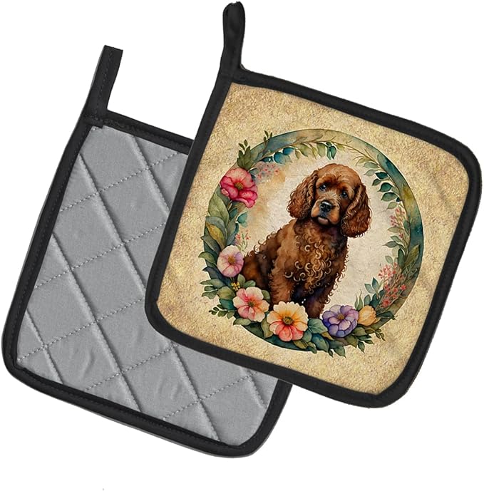 Caroline's Treasures Irish Water Spaniel and Flowers Pair of Pot Holders Kitchen Heat Resistant Pot Holders Sets Oven Hot Pads for Cooking Baking BBQ, 7 1/2 x 7 1/2