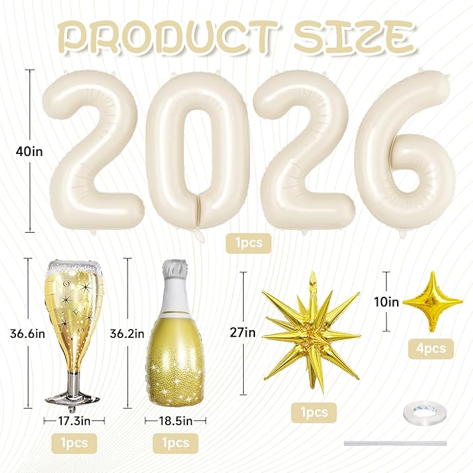 Cream White 2026 Balloons, 40 Inch Number 2026 Nude White Foil Balloons Gold Star Balloon Champagne Bottle Glass Balloon for Happy New Years Eve Party Supplies 2026 Class of 2026 Graduation Decoration
