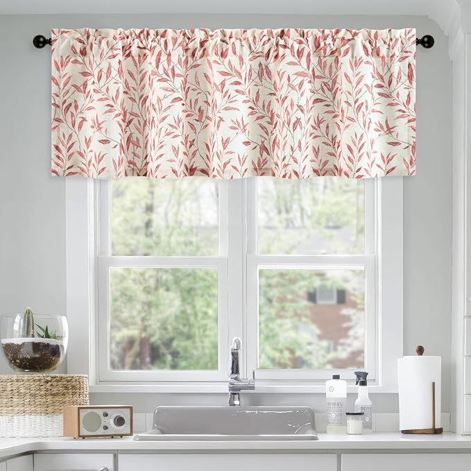 Leeva Faux Linen Leaves Print Kitchen Valances - Rod Pocket Room Darkening Farmhouse Window Toppers for Living Room & Bedroom, Red, 60 x 18 Inches