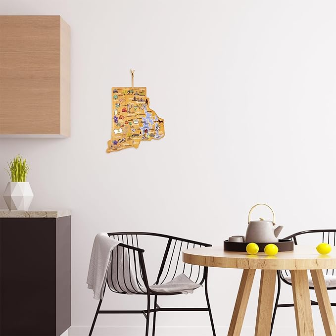 Totally Bamboo Rhode Island State Shaped Cutting Board and Charcuterie Serving Platter with Artwork by Fish Kiss, Includes Hang Tie for Wall Display