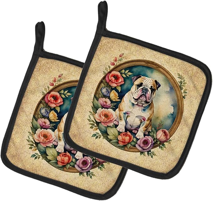 Caroline's Treasures English Bulldog and Flowers Pair of Pot Holders Kitchen Heat Resistant Pot Holders Sets Oven Hot Pads for Cooking Baking BBQ, 7 1/2 x 7 1/2