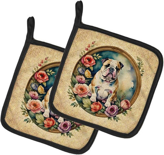 Caroline's Treasures English Bulldog and Flowers Pair of Pot Holders Kitchen Heat Resistant Pot Holders Sets Oven Hot Pads for Cooking Baking BBQ, 7 1/2 x 7 1/2
