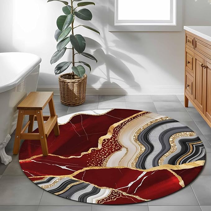 Washable Round Area Rug Abstract Flowing Marble Fluid Art Circle Rugs Floor Carpet for Living Room Bedroom, Red and Gold Lines Soft Non Slip Round Rug 4ft