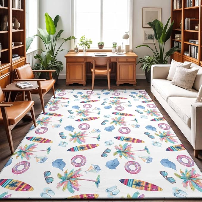 Area Rug 8x10ft, Summer Surfboard Coconut Tree Washable Rugs for Living Room Bedroom, Tropical Seamless Pattern Soft Non-Slip Area Rugs Rectangle Floor Carpet for Dining Room