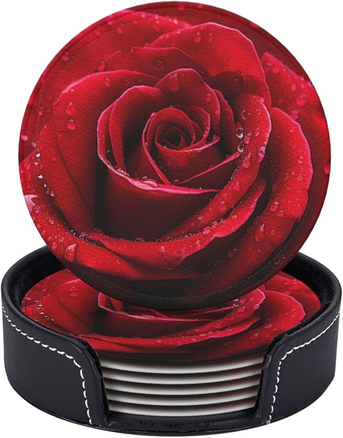 Famame 6 Pcs Bright Red Rose Leather Coasters for Drinks with Holder Coaster Sets Drink Table Cup Coasters for Living Room Kitchen Coffee Decor