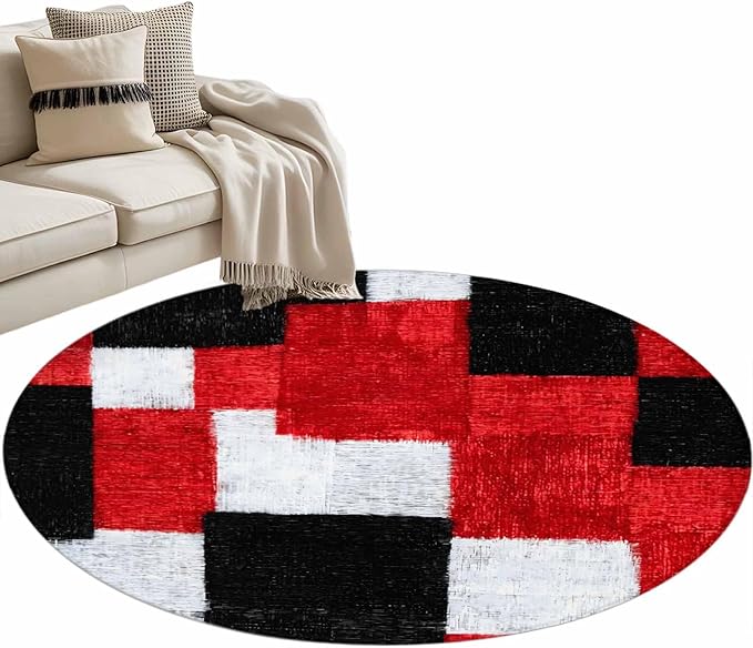 Washable Round Area Rug Red Black White Gradient Circle Rugs Floor Carpet for Living Room Bedroom, Abstract Color Block Soft Non Slip Round Rug 3ft