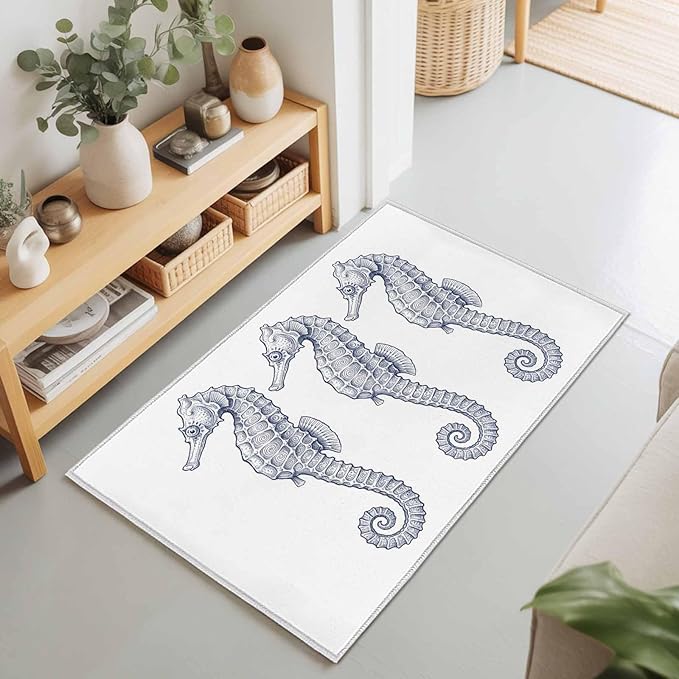 Area Rug 2x3ft, Summer Light Blue Seahorse Washable Rugs for Living Room Bedroom, Underwater Ocean Animals Soft Non-Slip Area Rugs Rectangle Floor Carpet for Dining Room