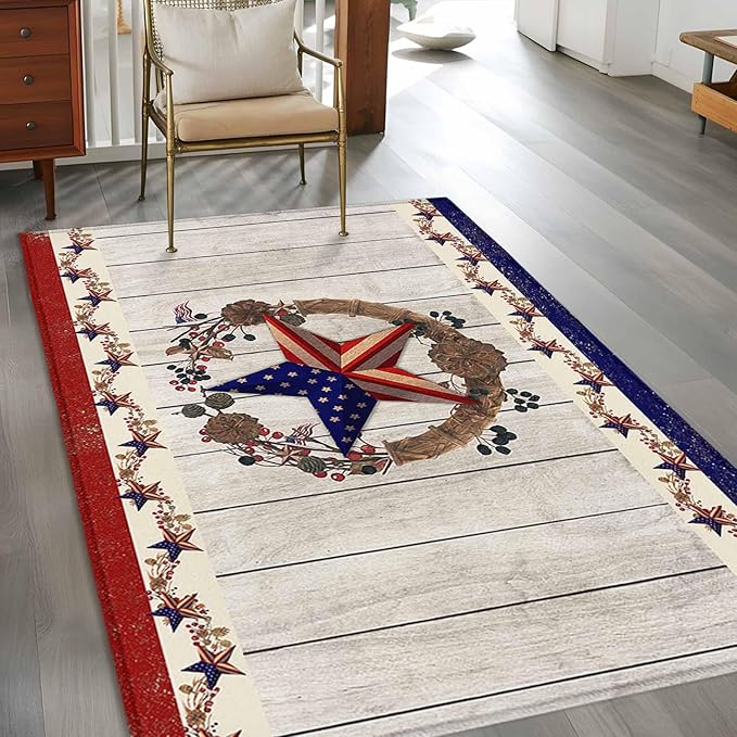 Area Rug 4x6ft, Retro USA Flag Star and Berry Washable Rugs for Living Room Bedroom, Wooden Texture Soft Non-Slip Area Rugs Rectangle Floor Carpet for Dining Room