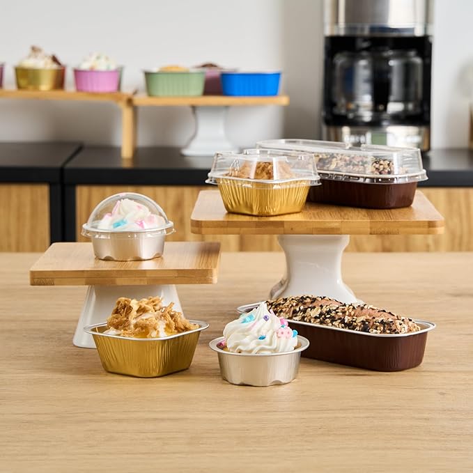 Restaurantware-6.8 Ounce 6.5 X 2.6 X 1.2 Inch Mini Cake Pans, 100 Round Baking Cup - Disposable, With Dome Lids, Coffee Brown Aluminum Cake Pans, Lightweight, For Frosted Mini Desserts