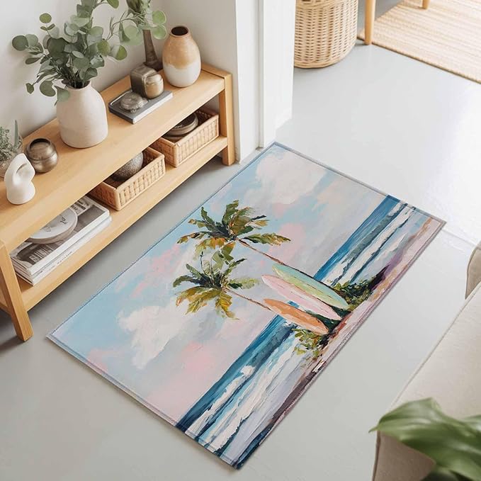 Area Rug 2x3ft, Summer Blue Ocean Surfboard Washable Rugs for Living Room Bedroom, Tropical Plant Palm Tree Soft Non-Slip Area Rugs Rectangle Floor Carpet for Dining Room
