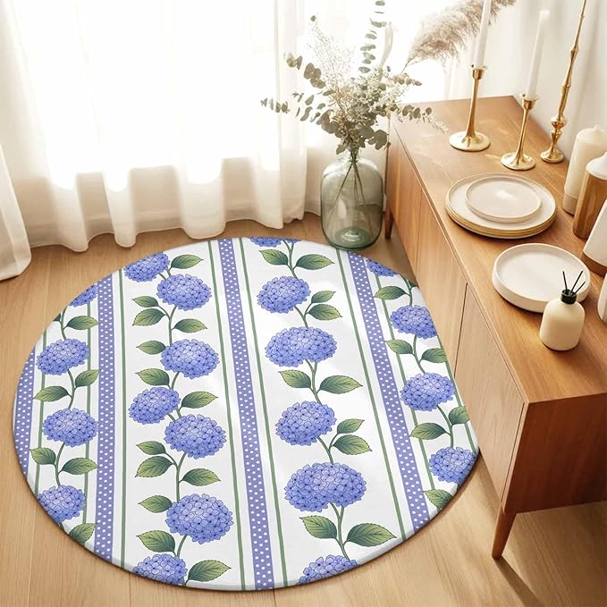 Washable Round Area Rug Garden Purple Hydrangea Flower Circle Rugs Floor Carpet for Living Room Bedroom, Watercolor Floral Leaves Soft Non Slip Round Rug 3ft